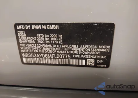 2021 BMW M3 Sedan z USA, uszkodzony, nr VIN WBS53AY08MFL00775